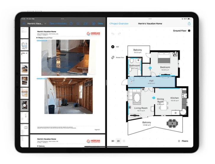 magic plan project overview showing inspection photos alongside a detailed digital floor plan
