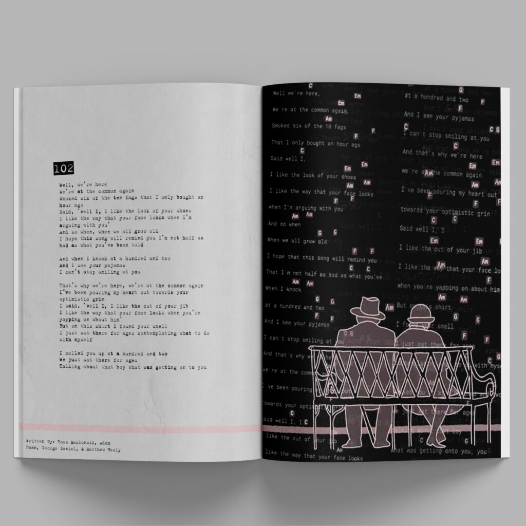 magazine with black and pink design laying on grey background, illustration of people sitting on a bench