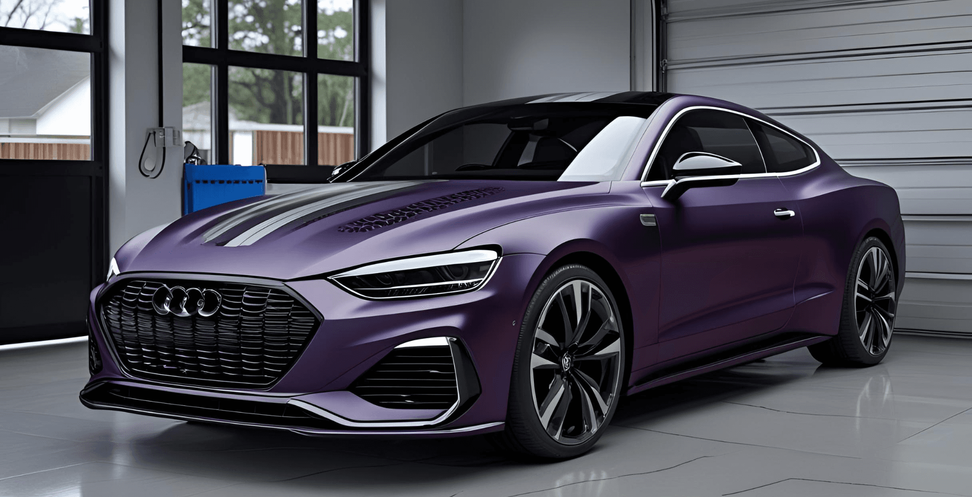 Matt-violett foliertes Audi-Coupé in moderner Werkstatt – Car Wrapping Inspiration