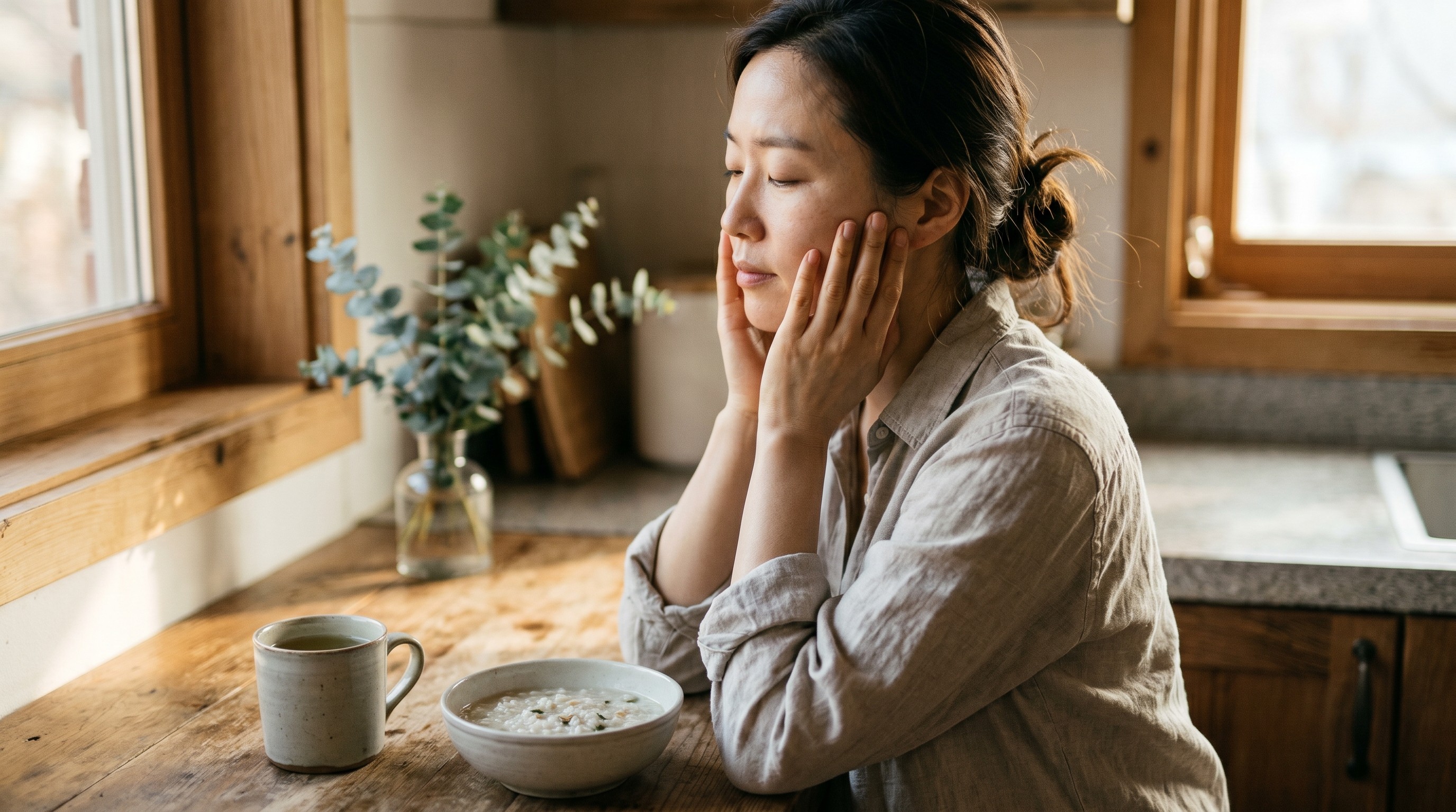 Woman at home eating warm rice porridge during dental implant recovery in soft morning light