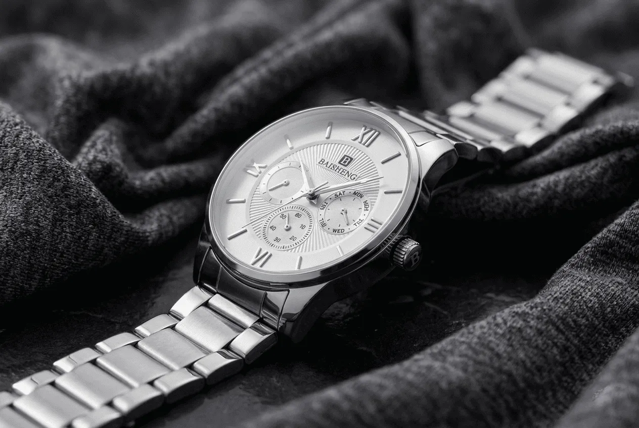 Monochrome silver men's watch with Roman numerals and metal strap.