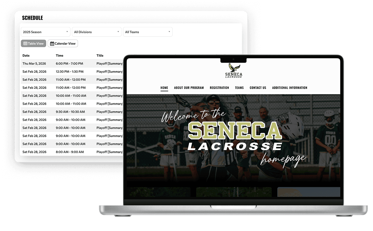 TeamLinkt lacrosse schedule generator showing a conflict-free season schedule and club website on desktop