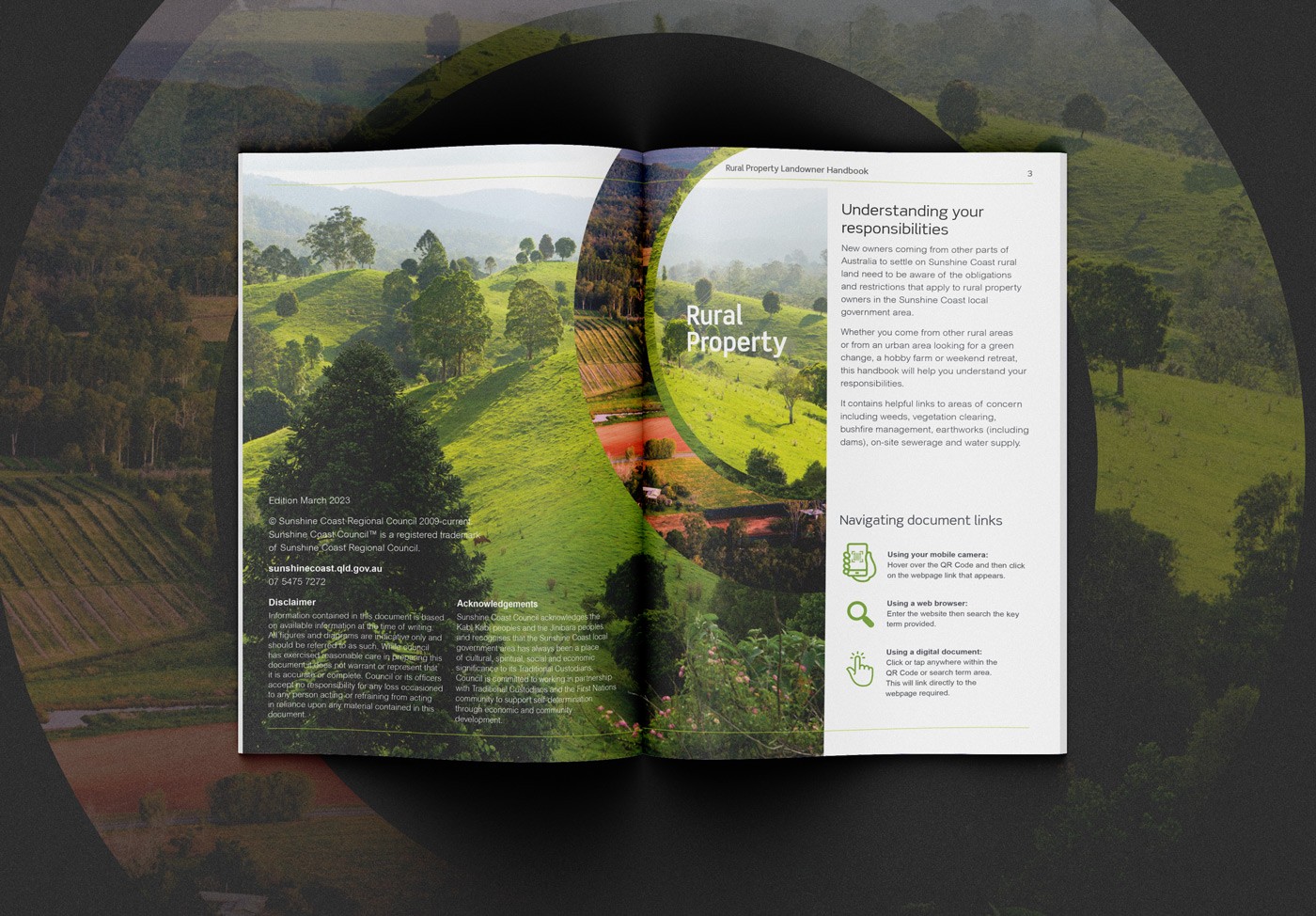 The Sunshine Coast Council's Rural Property Landowner Handbook, a comprehensive guide outlining local regulations, responsibilities, and management resources for rural property owners covering topics like weed control, bushfire preparedness, vegetation clearing, and water management.