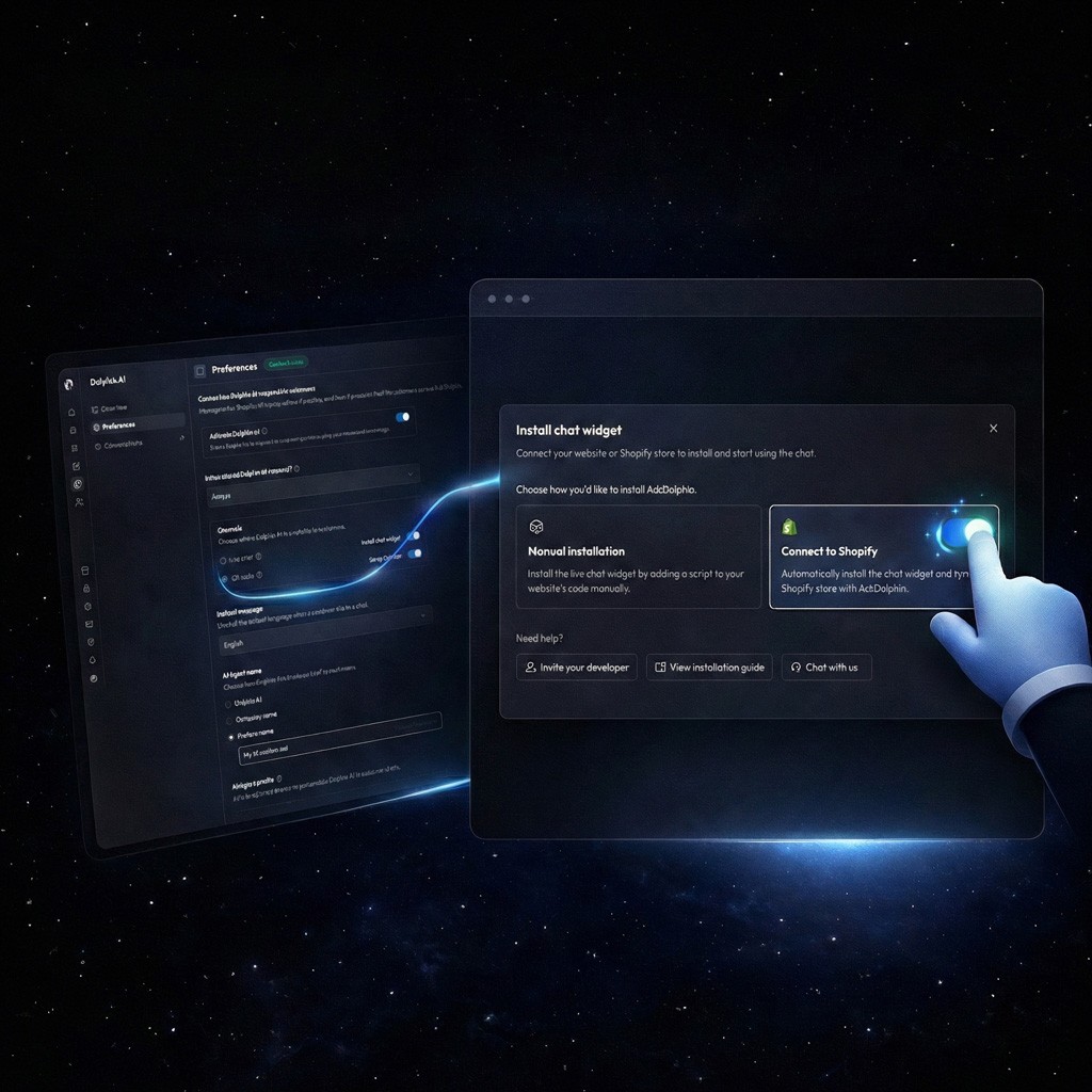 Dark-mode AskDolphin interface showing AI chat widget installation and conversation settings with connected help center data.