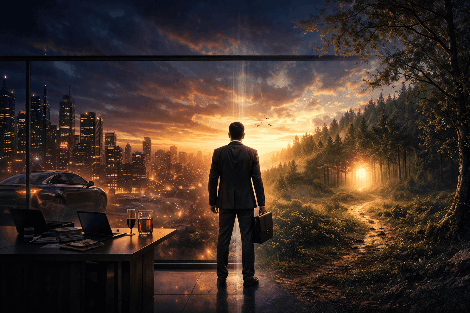 Symbolic image of man choosing between success and purpose reflecting the reality of getting what you wanted but still feeling empty