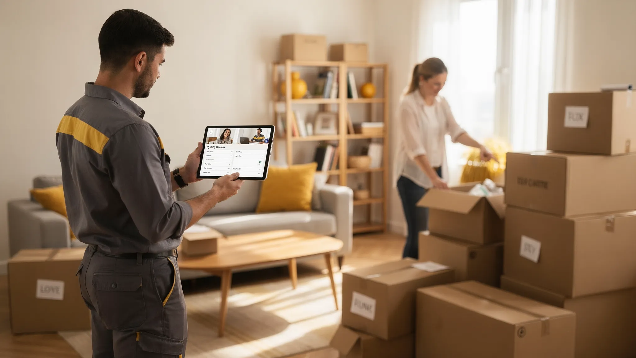 A mover conducts a virtual walkthrough on a tablet while a homeowner points to furniture and boxes, capturing an itemized inventory for a long-distance move.