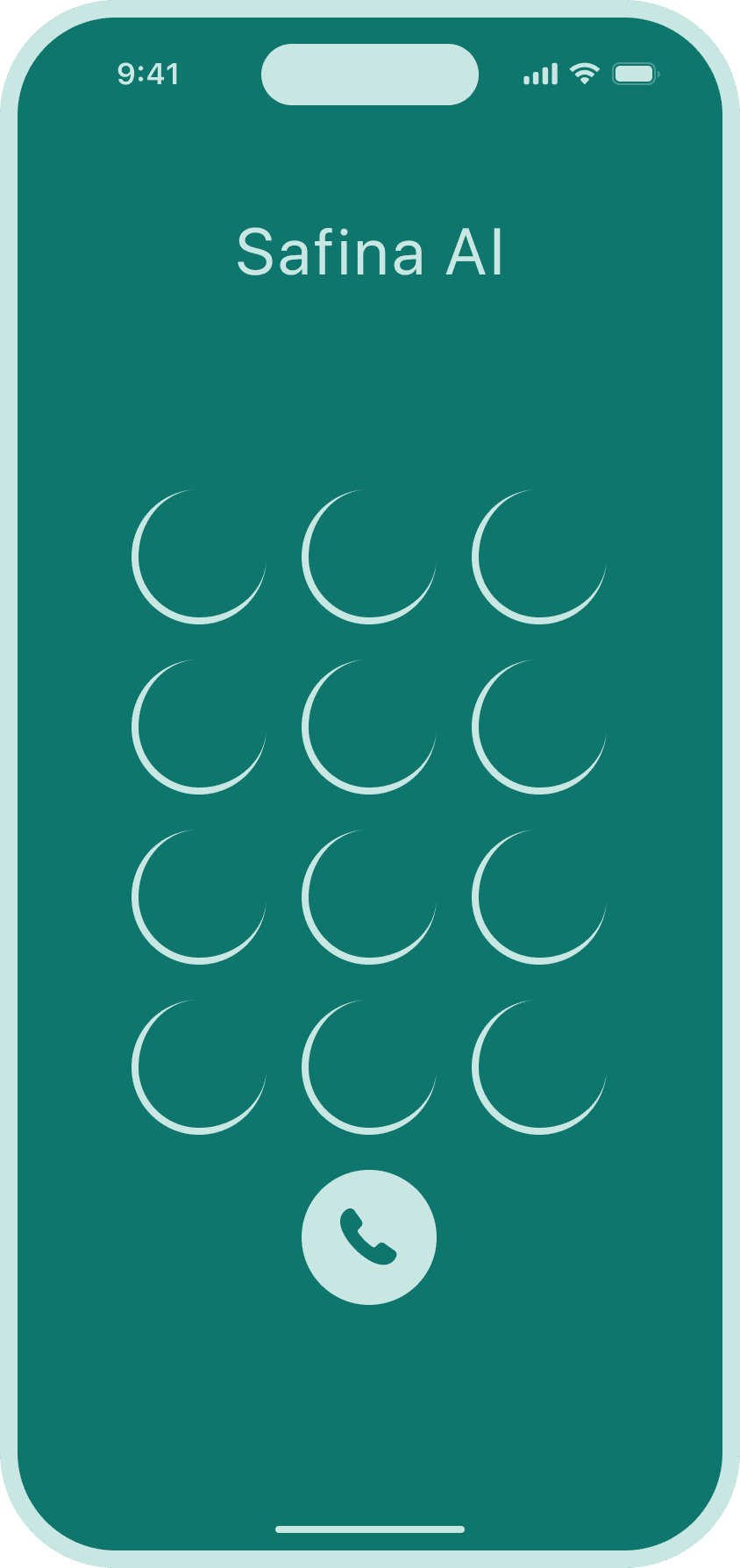 Safina AI App-Anrufscreen: Türkisfarbener Hintergrund mit weißem Safina AI Logo am oberen Rand, darunter ein 3x4 Nummernblock-Layout aus hellen kreisförmigen Elementen, und einem runden Telefon-Icon am unteren Bildschirmrand. Der Screen wird im iPhone-Rahmen mit Dynamic Island dargestellt.