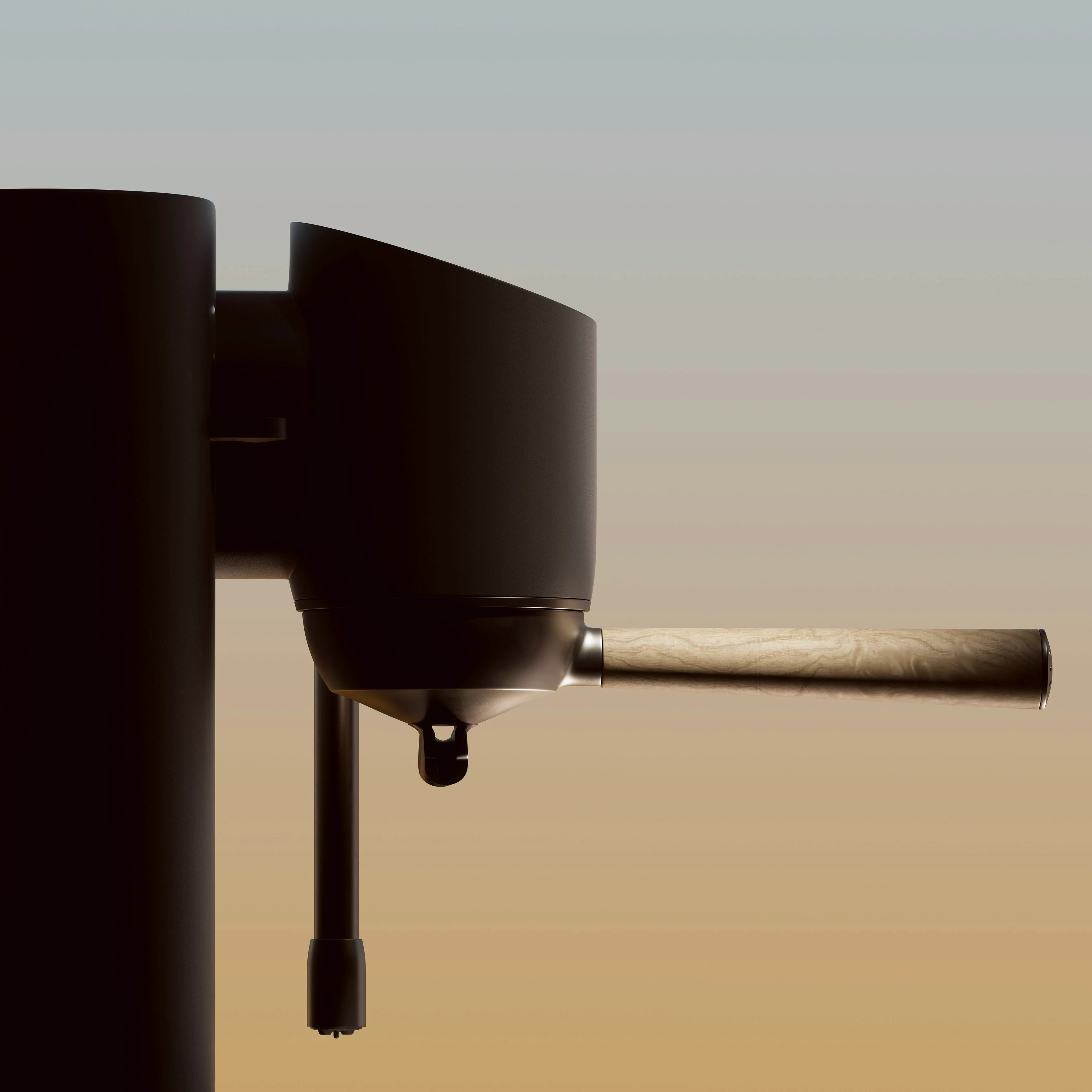 Close-up of a sleek, modern espresso machine in profile against a gradient backdrop. The design is minimalist with a smooth, wooden handle.