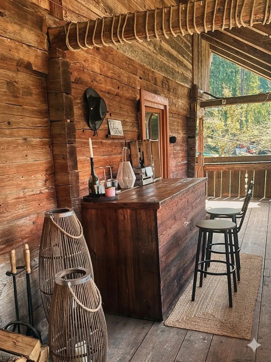 Selfmade diy wooden outdoor bar in nature, traditional austrian alpine architecture and wood work