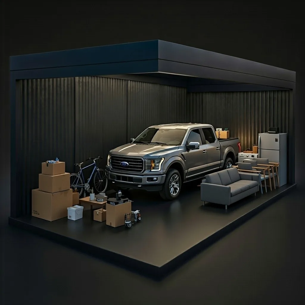 Illustration of a pickup truck and stored items inside a 13x30 storage unit