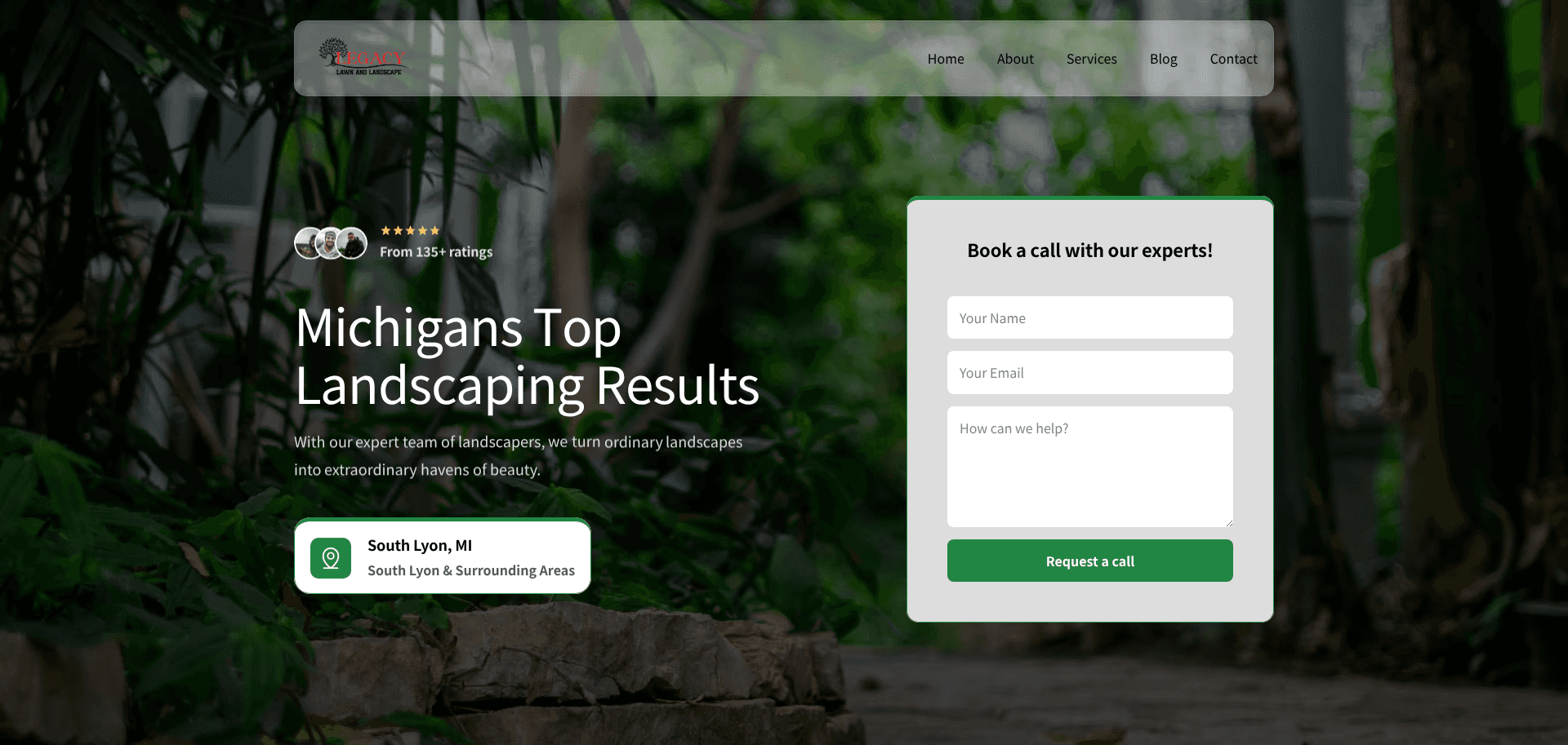 Desktop homepage mockup of Legacy Lawn & Landscape website showing lawn care, landscaping services, and professional outdoor maintenance layout