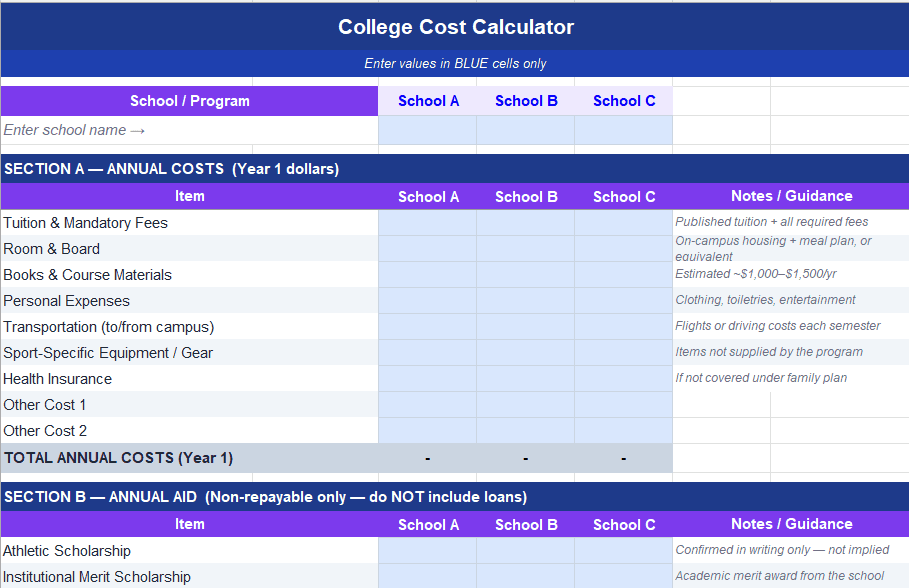 A screenshot of a cost calculator excel spreadsheet