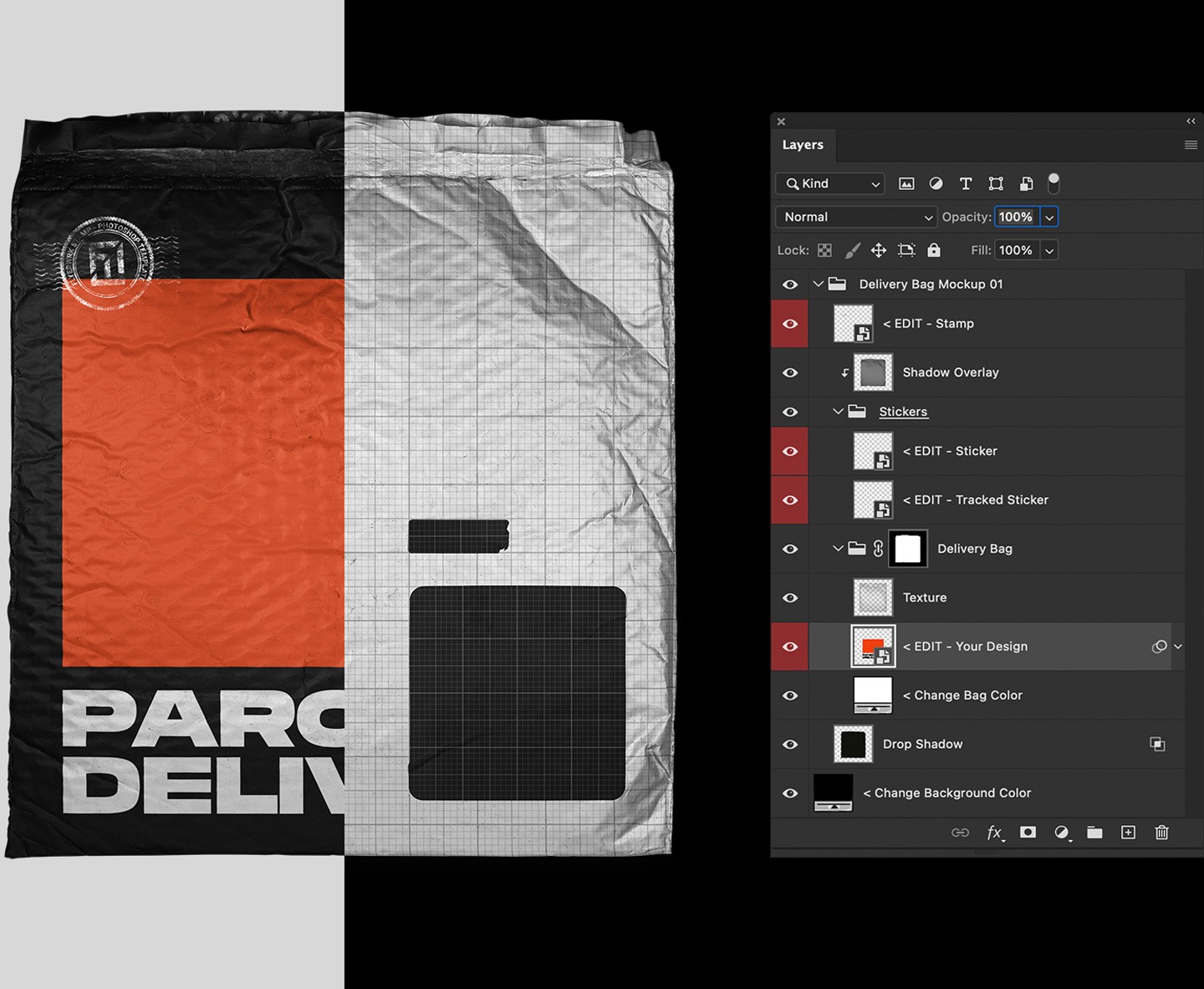 Technical view of the Crinkled Bubble Mailer Mockup showing organized Photoshop layers for design and color customization