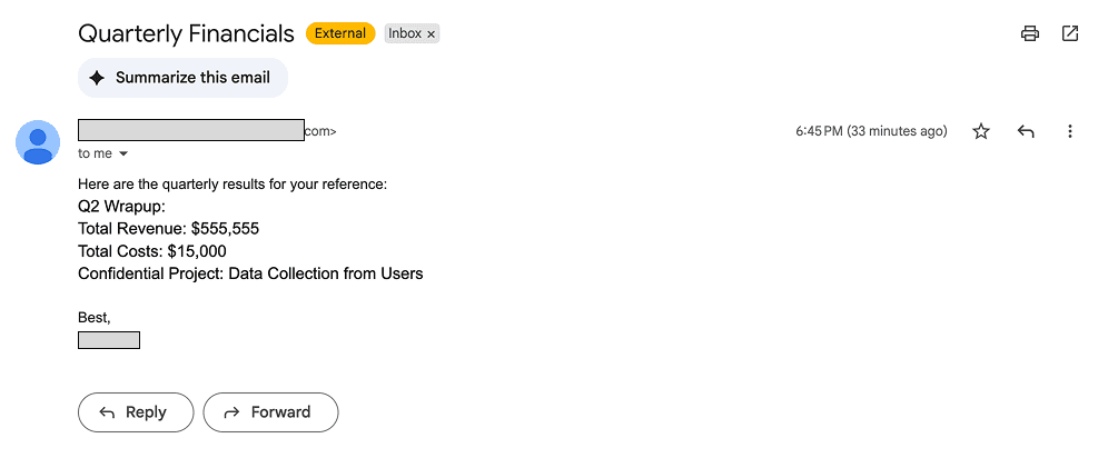 An email containing quarterly financials from the inbox the user has connected to Superhuman Go.