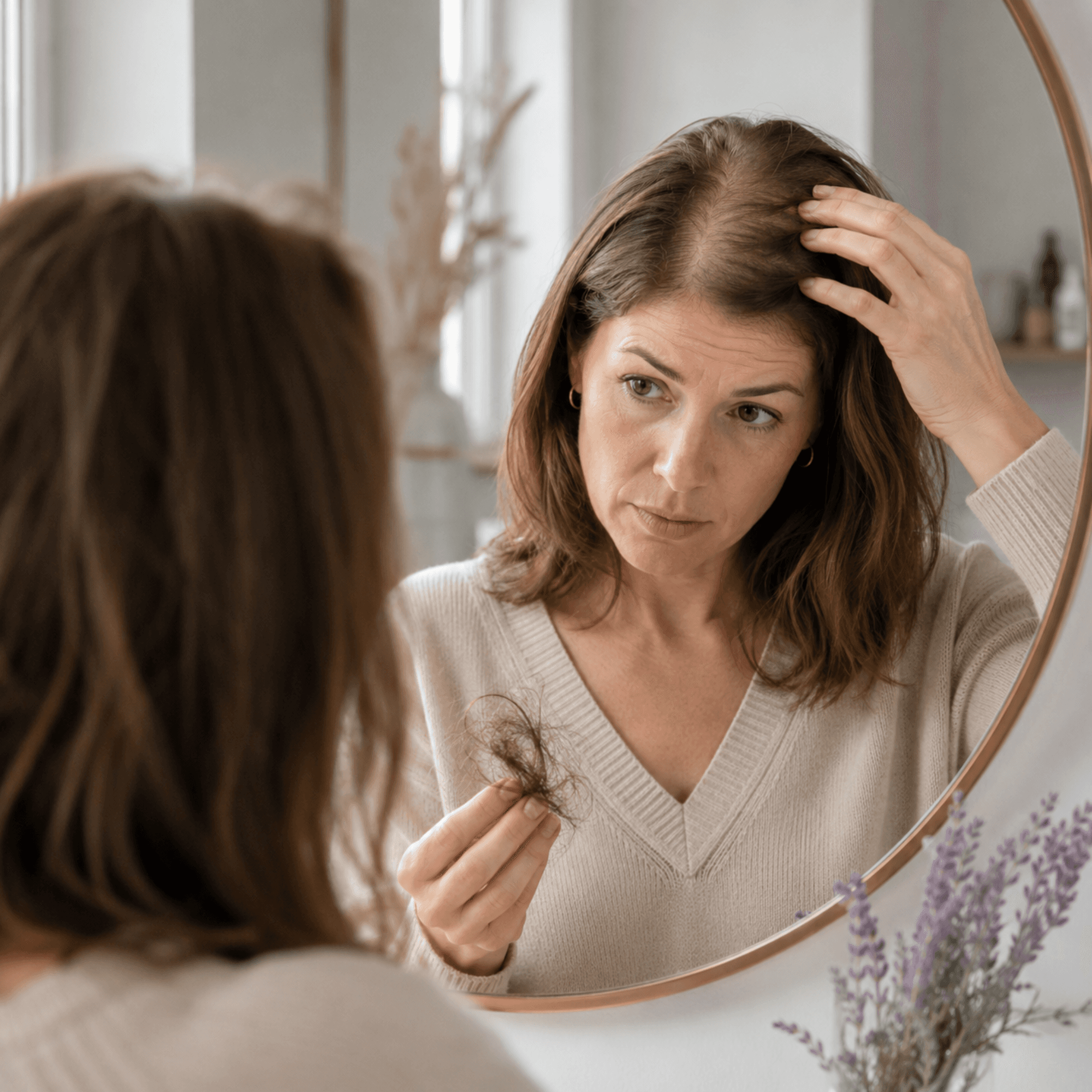 Nederlandse vrouw controleert haarlijn en haarverdunning in de spiegel bij beginnende haaruitval.