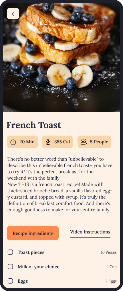 a picture of app ui design demonstrating the description for the chosen recipe