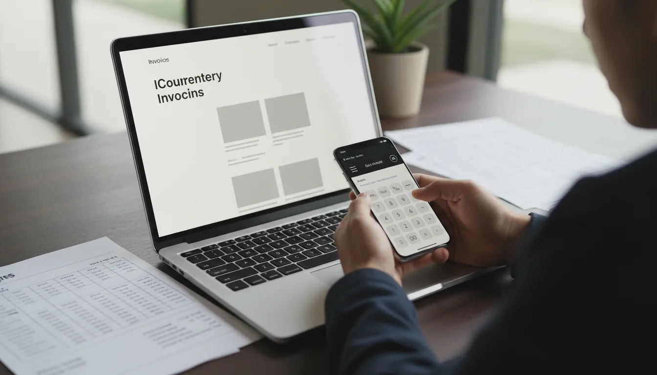 DSLR photo, over-the-shoulder view of a person at a desk working on a modern laptop. The screen displays a clean, minimalist website with UI elements and abstracted text lines. The person holds a smartphone showing a calculator interface. Printed invoices with data tables rest on the laptop and on a dark table in the softly blurred background. The scene is lit with soft, natural daylight, creating a sharp focus on the devices and a professional atmosphere with a shallow depth of field.