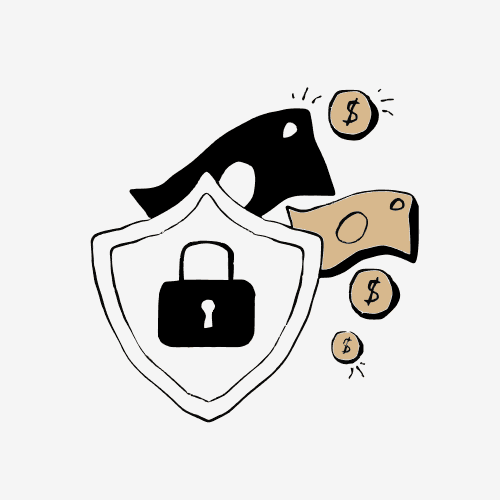 Shield with currency notes and coins, representing protected, steady returns for investors