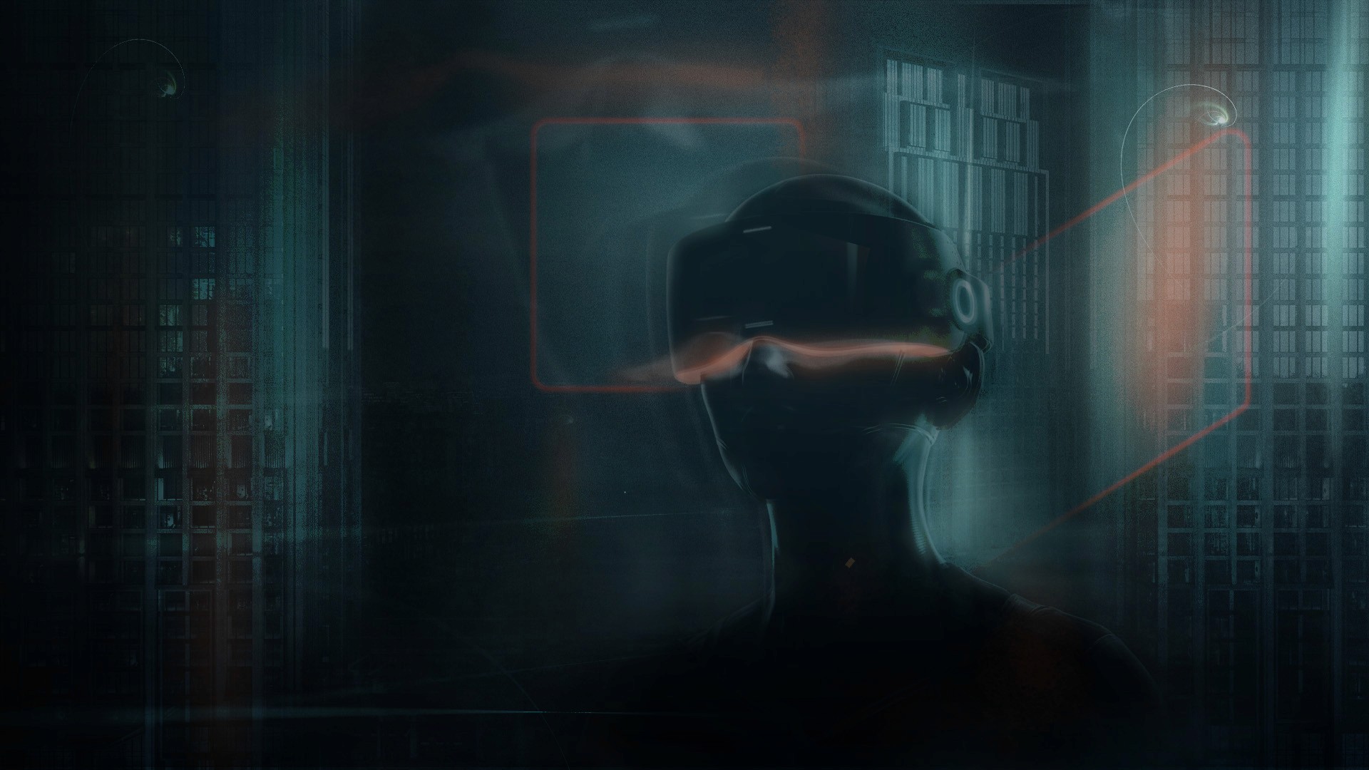 Artistic portrait with red and blue lighting creating a dramatic effect