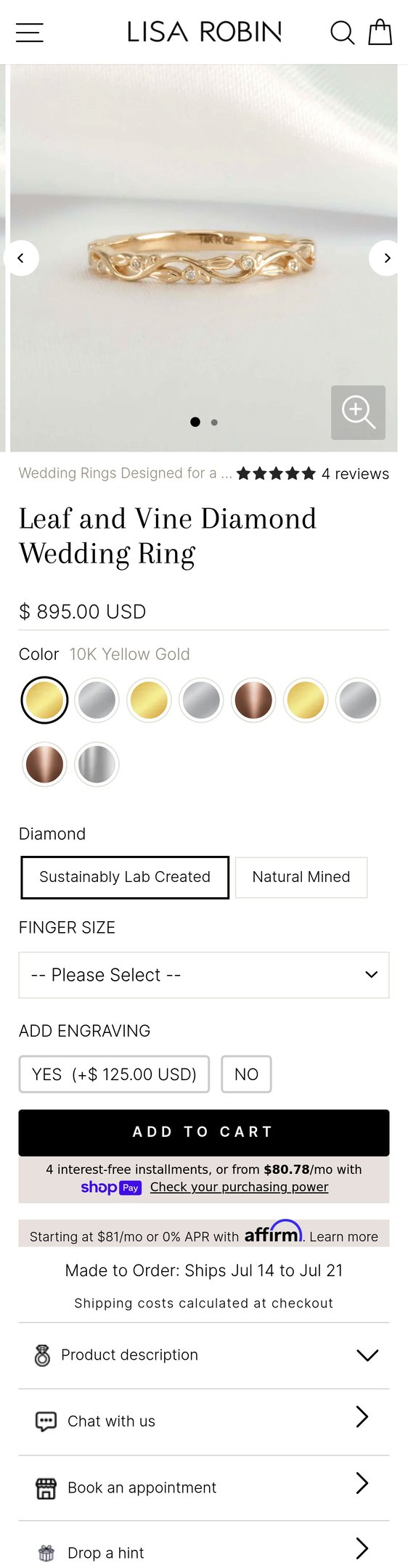 Jewelry product options include: ring for Leaf and Vine Diamond Wedding Ring from Lisa Robin.