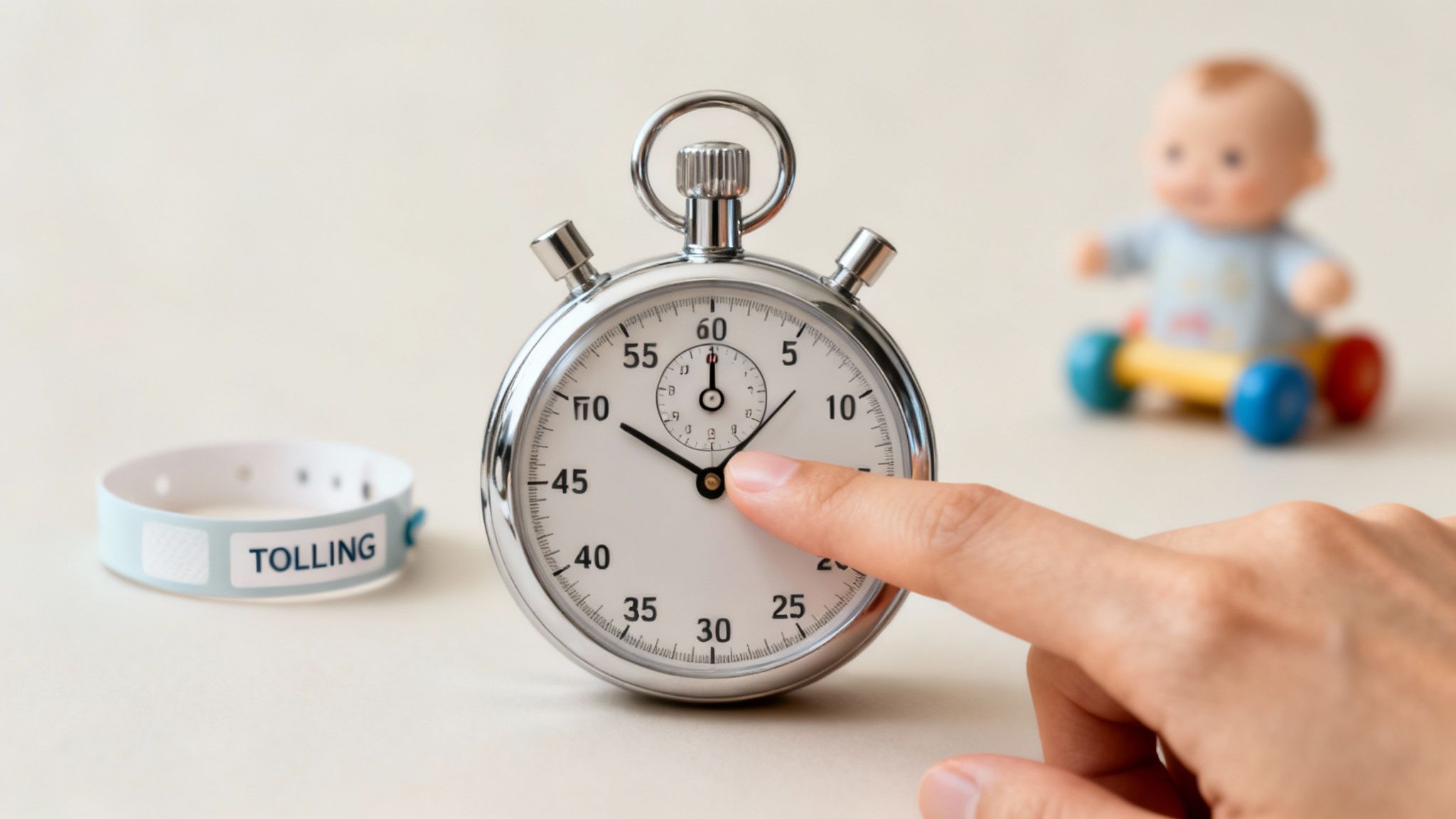 A hand pressing a stopwatch near a 'TOLLING' wristband and a blurred baby toy, symbolizing time.