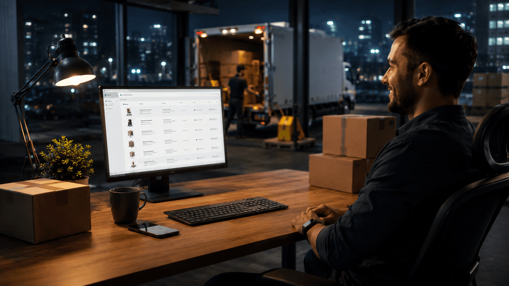 Homem sentado em um escritório moderno durante a noite, olhando satisfeito para um sistema de pedidos B2B aberto no monitor. Sobre a mesa há caixas, notebook, café e iluminação quente. Ao fundo, um caminhão sendo carregado em um centro logístico mostra pedidos saindo automaticamente. A cena transmite operação fluindo sem vendedores, compras acontecendo fora do horário comercial e processo automatizado sem retrabalho.