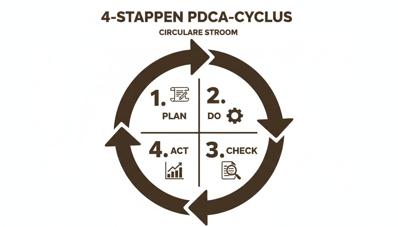 Diagram van de 4-stappen PDCA-cyclus: Plan, Do, Check, Act, weergegeven in een cirkel met iconen.