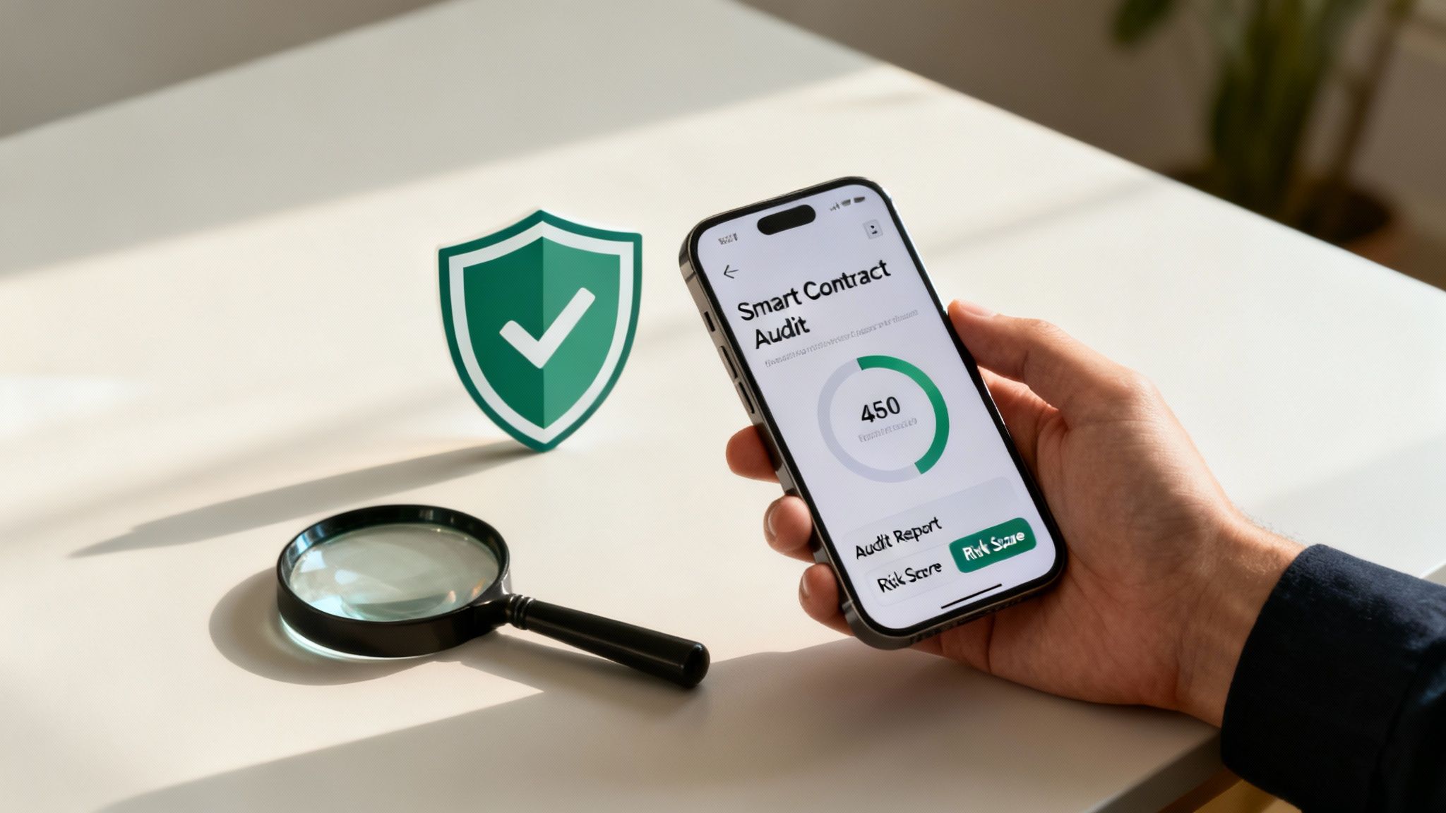 A hand holds a smartphone displaying a 'Smart Contract Audit' with a security shield and magnifying glass on a table.