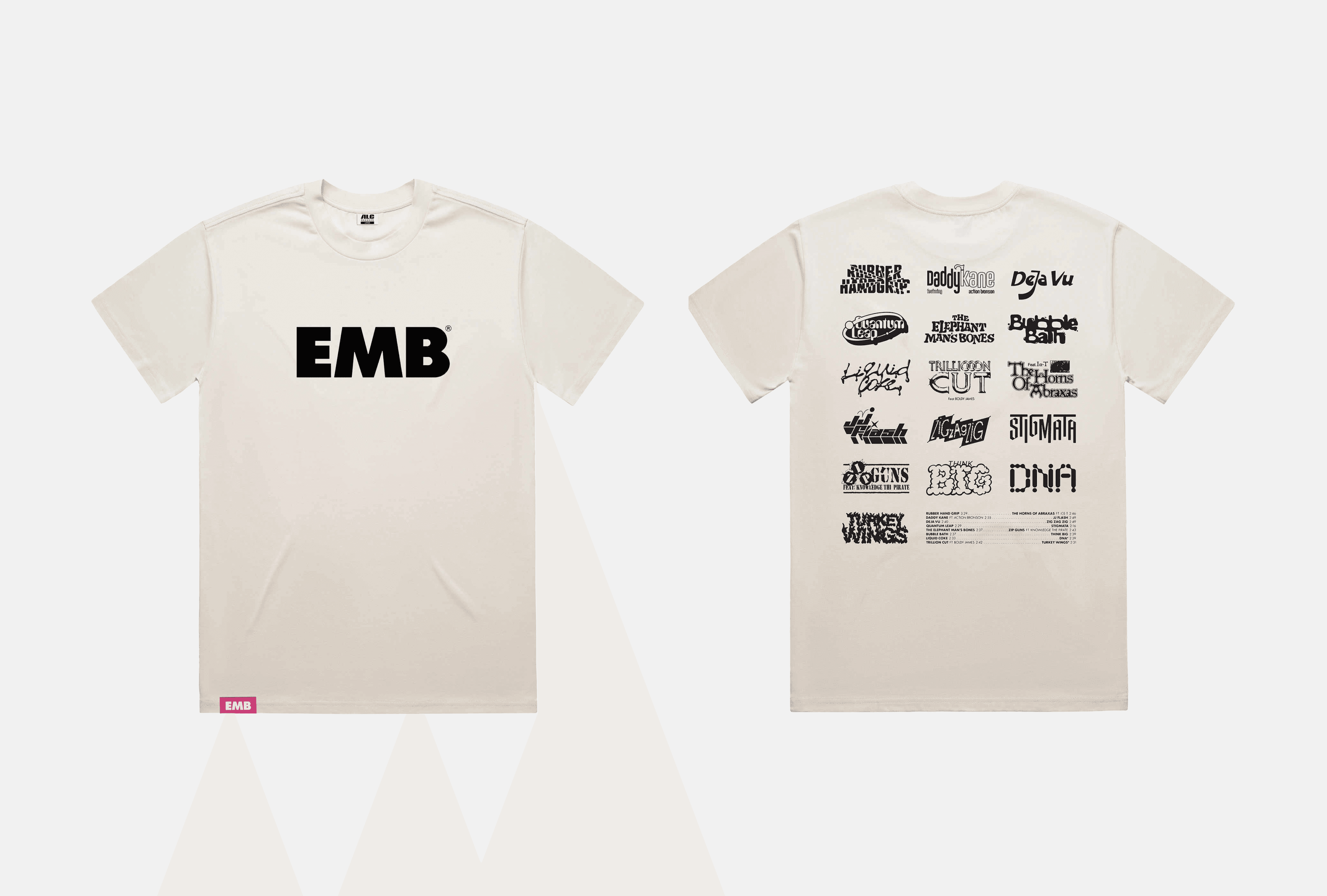 a cream colored shirt with an indevidual logo designed for every song on the album