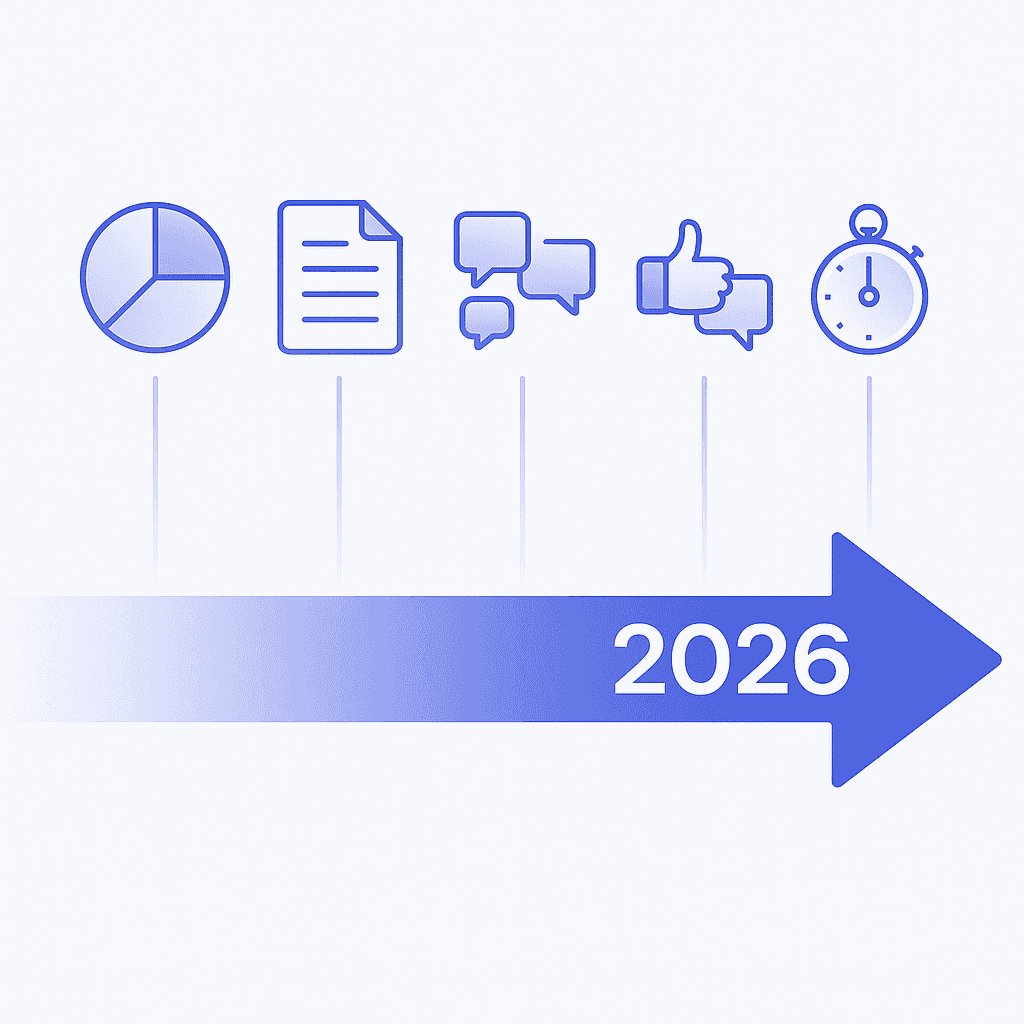 Forward arrow timeline with icons representing future GEO KPIs toward 2026