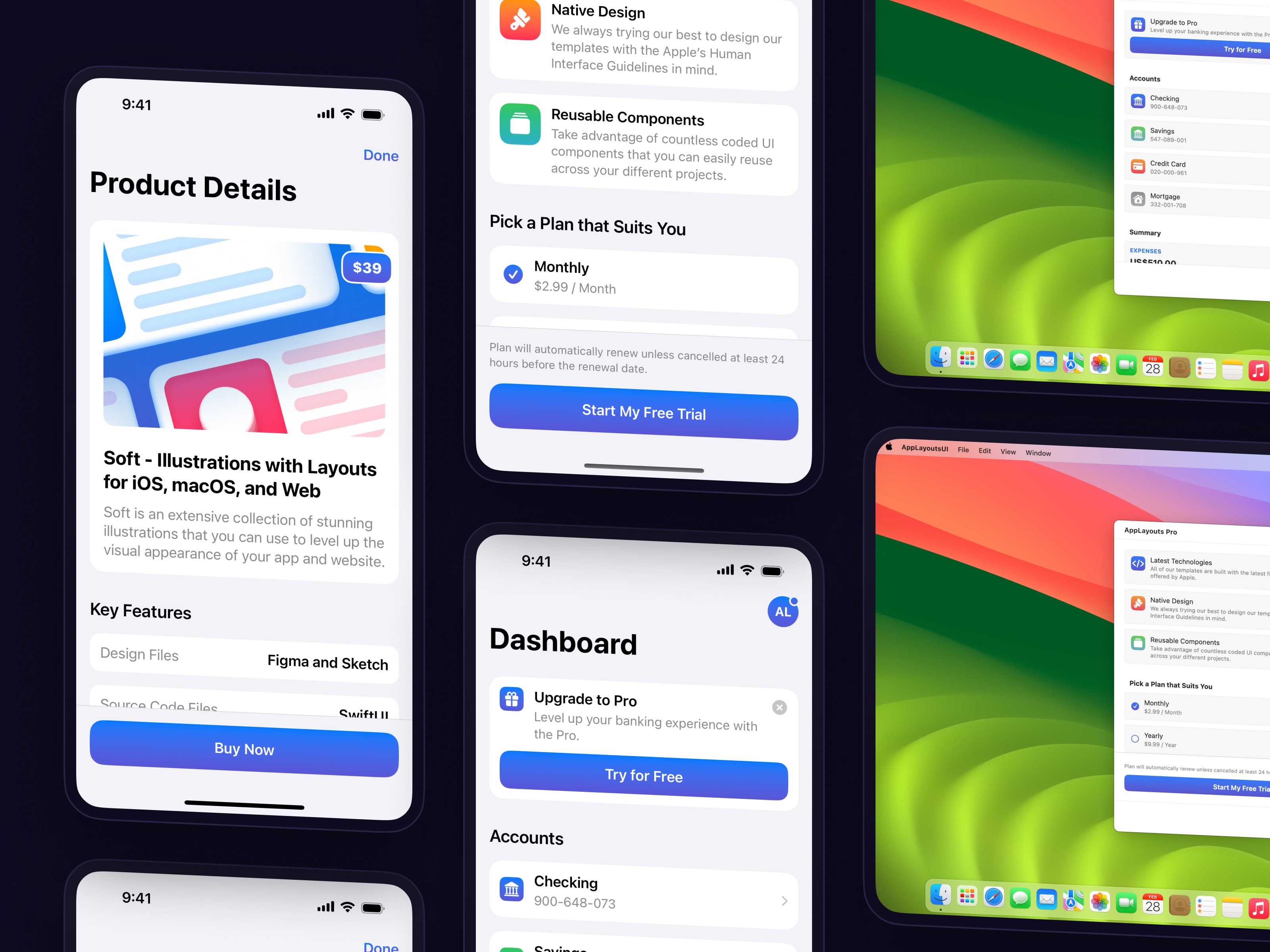 Different iOS and macOS screens from AppLayoutsUI.