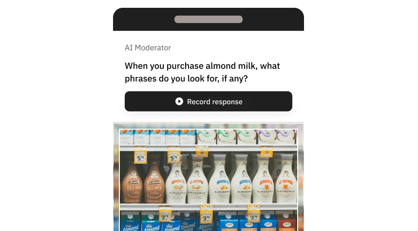 Mobile interface showing AI moderator asking about almond milk purchase preferences with product shelf image