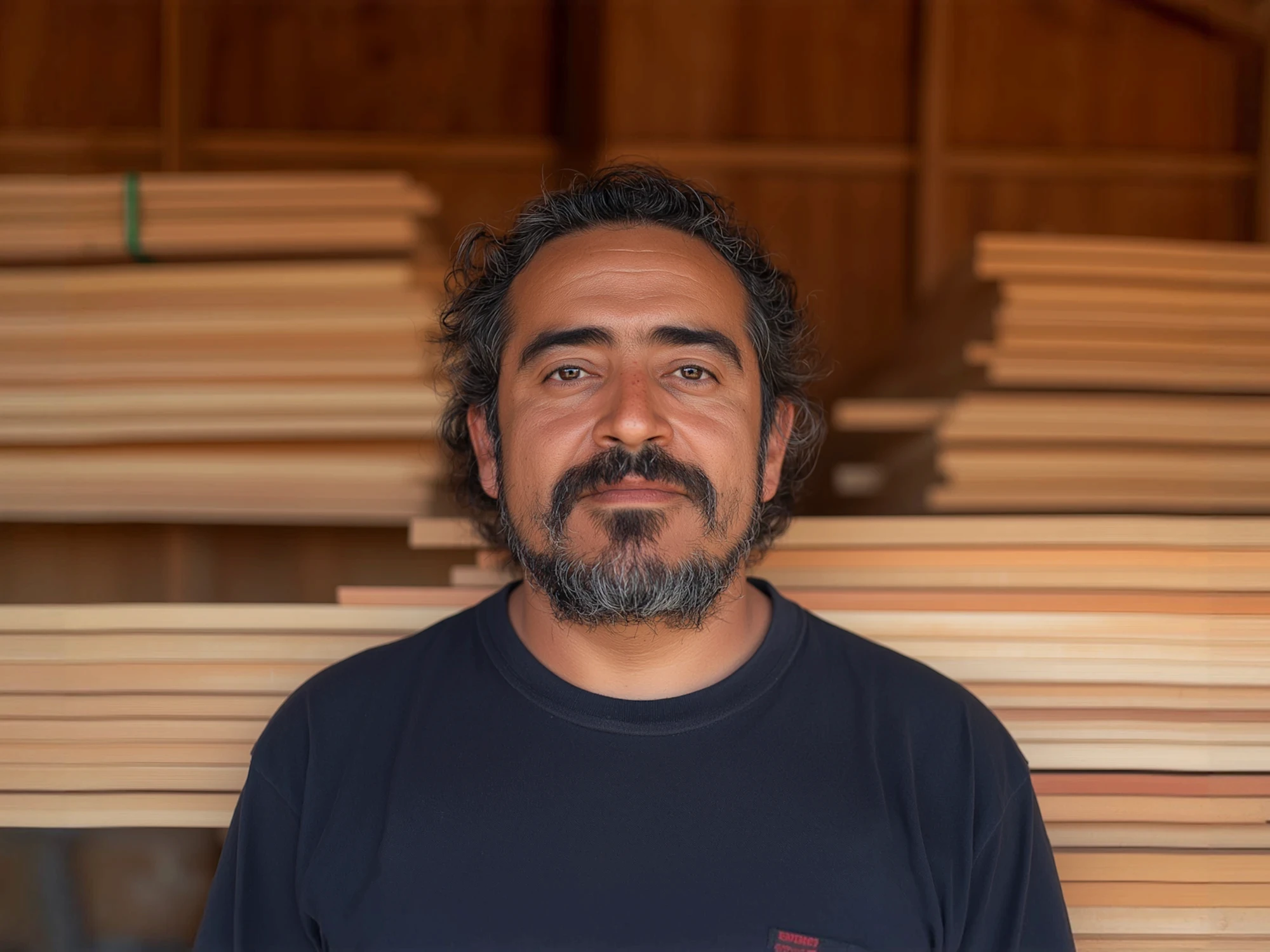 Dan Mercer, owner of Mercer Carpentry, in front of stacked lumber