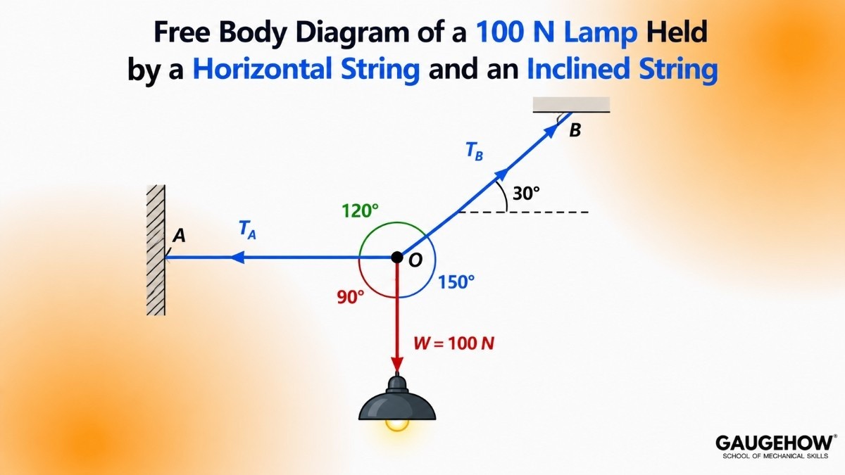  free body diagram of a 100 newton lamp held by a horizontal string and a 30 degree inclined string with angles marked for Lami's theorem
