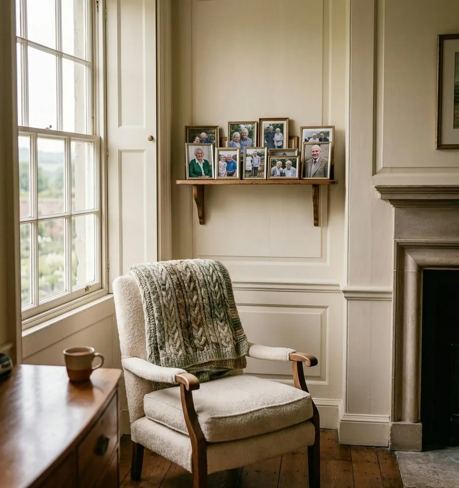 A room made personal with a favourite armchair and family photos
