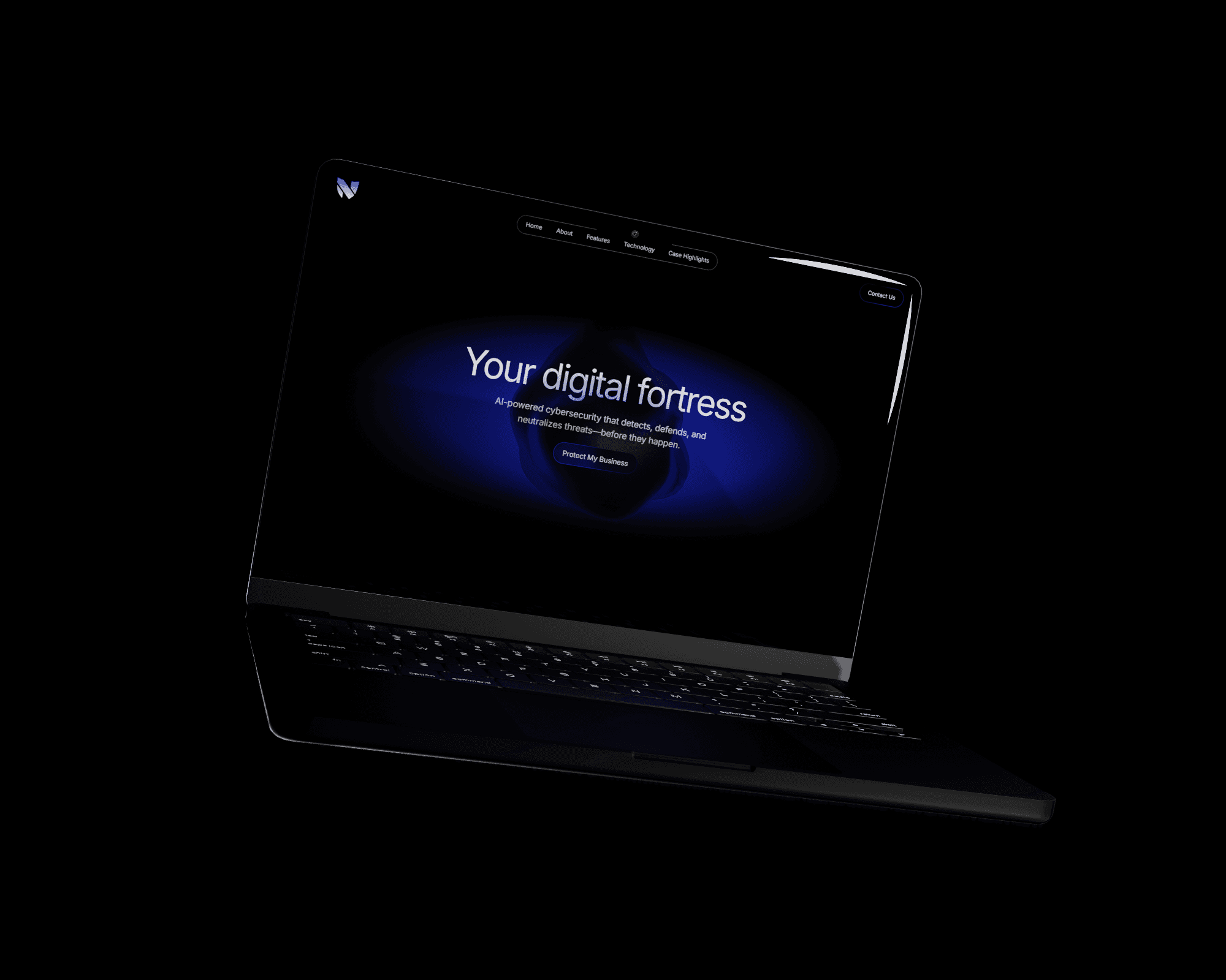 A laptop showing Nexora Systems's website on the screen. The laptop is black and is featured against a plain black background.