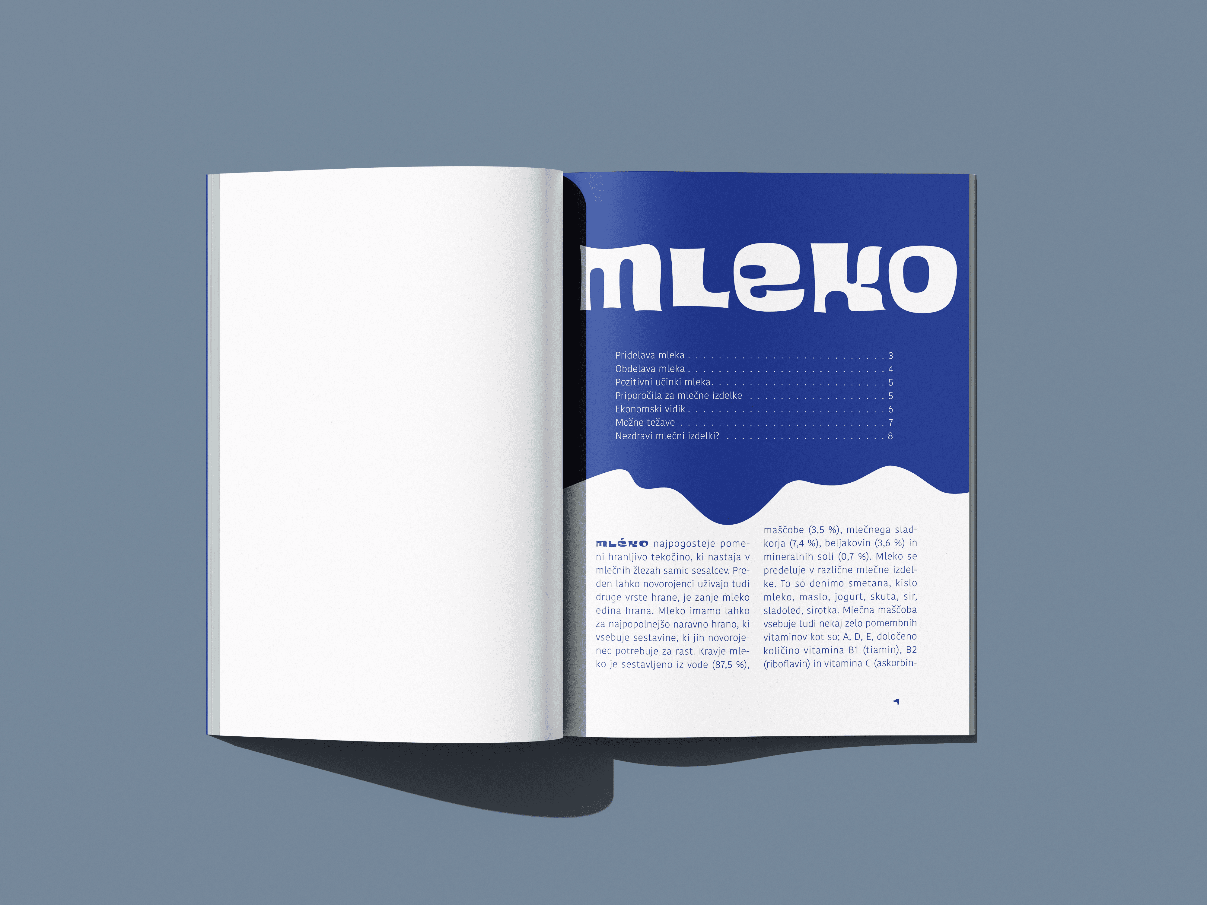 Lacta brochure opening spread with the title "Mleko" and table of contents.