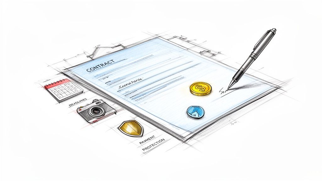 Sketch illustration of a contract, pen, calendar, camera, coins, and shield, representing agreement terms.