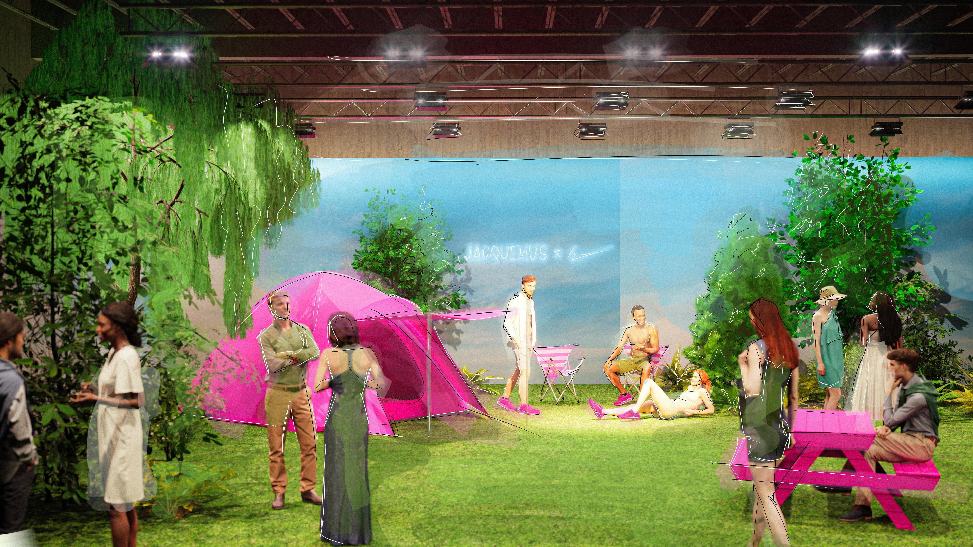 Immersive camping scenography designed by Lélio Bazin for the Jacquemus x Nike launch event, featuring a vibrant pink tent, matching picnic furniture, and lush greenery under artificial lighting to simulate a mountain forest atmosphere.