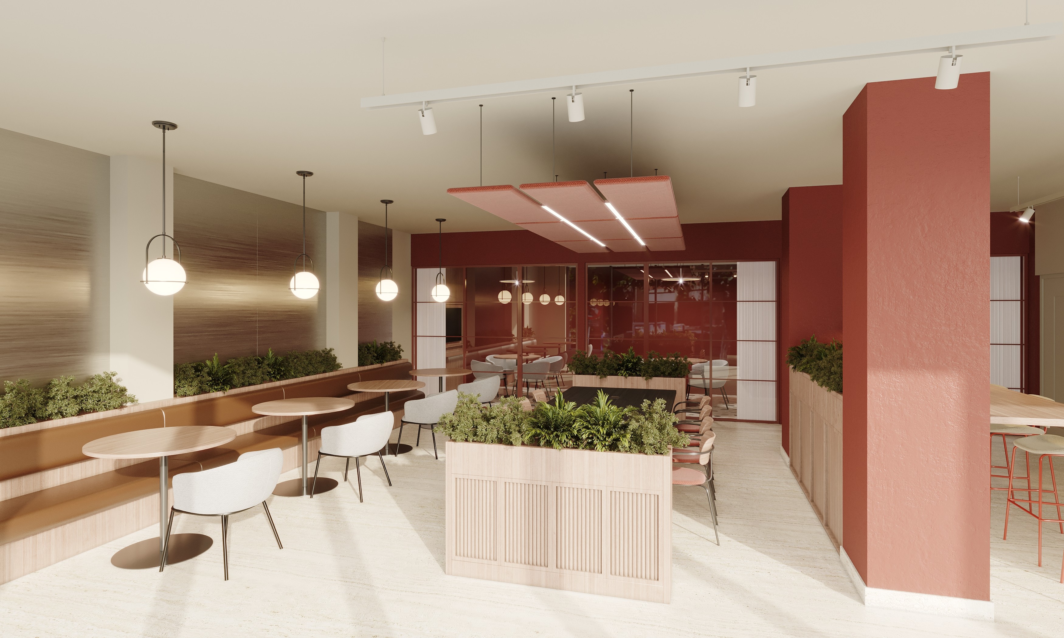 Co-working lounge in Glasgow PBSA development with bespoke fitted banquette seating and planters, acoustic ceiling panels and feature tiles