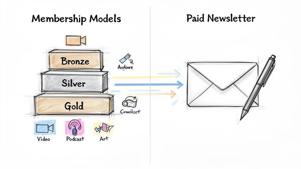 Hand-drawn illustration depicting membership tiers (Bronze, Silver, Gold) offering video, podcast, and art, contrasted with a paid newsletter.