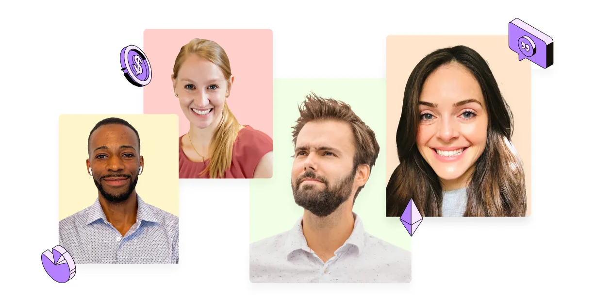 Remote salary guide blog image featuring Alex Wilson-Campbell, Kristen Shroff, Sondre Rasch, and Georgie Roberts