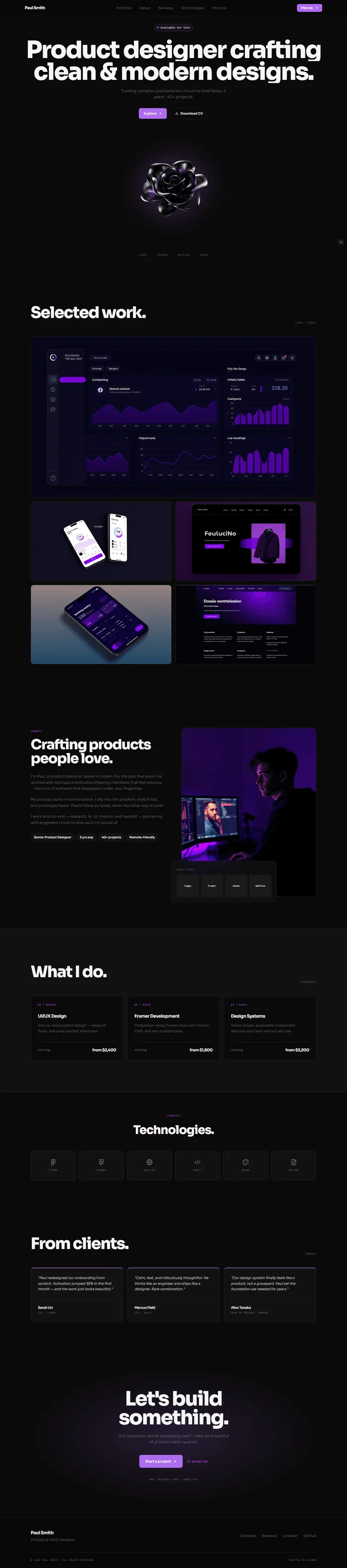 Designer portfolio website prompt full preview — near-black #0a0a0a background with purple #a855f7 accent, Sora 800 hero headline with clip-path line-by-line reveal animation, floating glossy 3D abstract sculptural object with purple glow below headline, five-project asymmetric work grid with first card spanning full width showing project screenshot and hover overlay, and three service cards with purple glow on hover and JetBrains Mono pricing
