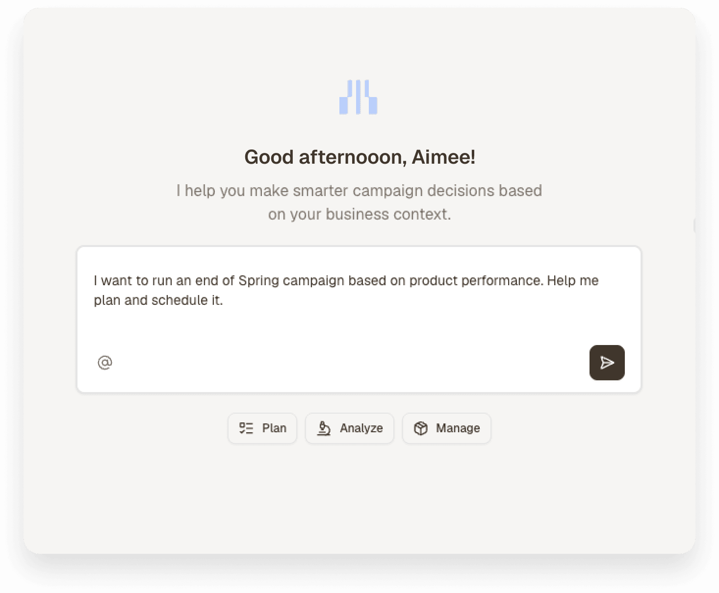 Marklo AI chat interface showing a conversation where a user asks about campaign performance and receives actionable insights