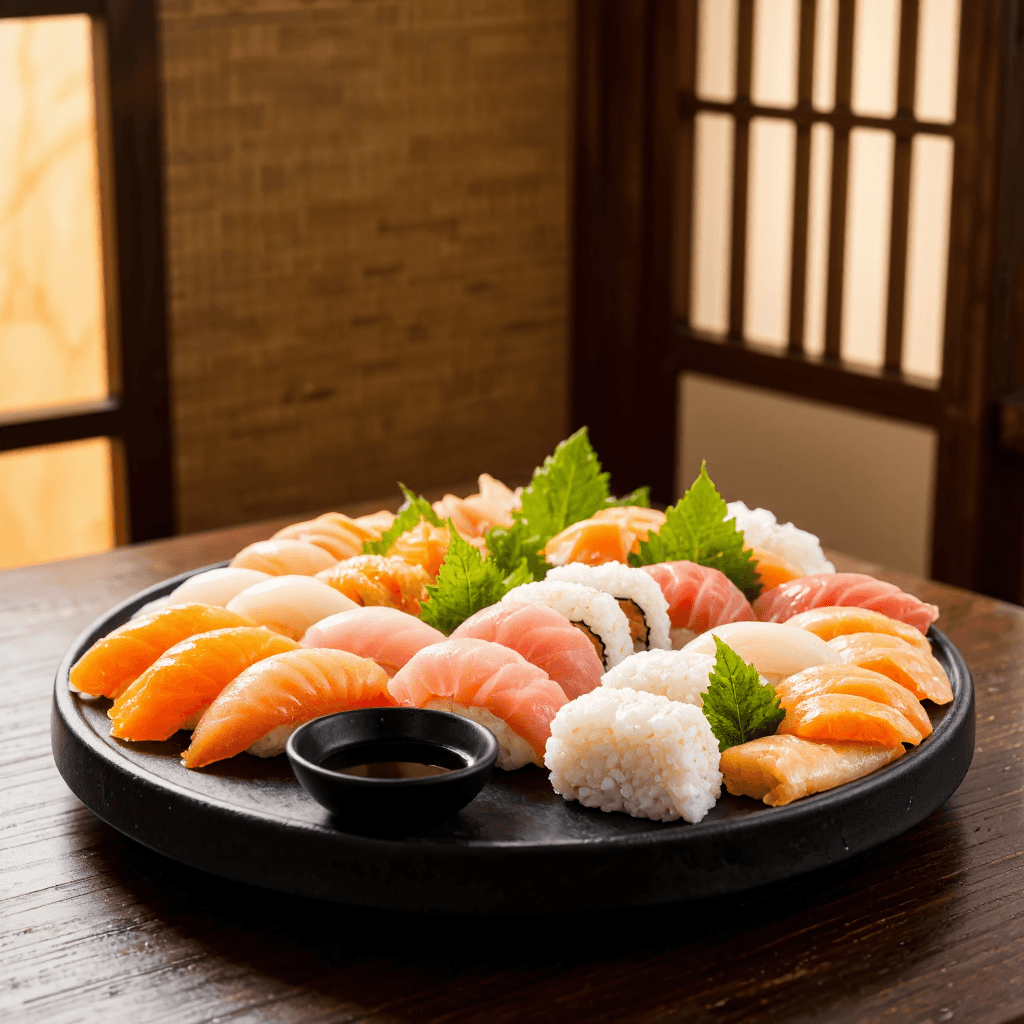 product photography of a platter of assorted sushi and sashimi
