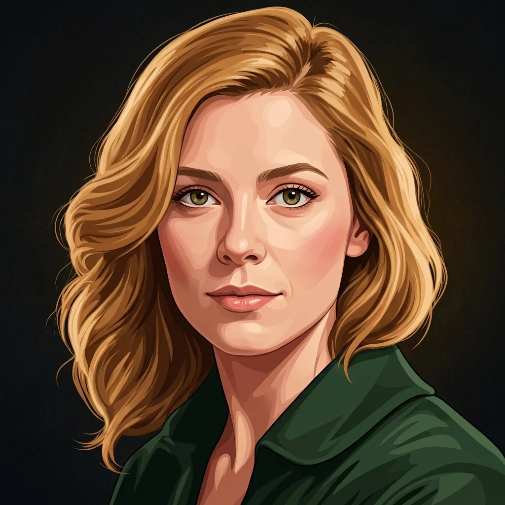 Digital illustration of a blonde woman with soft features, wearing a green top, against a dark background.”