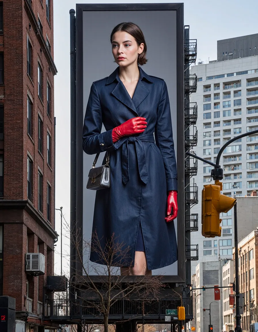 Woman in navy trench coat and red gloves on city billboard, professional fashion photography with urban backdrop