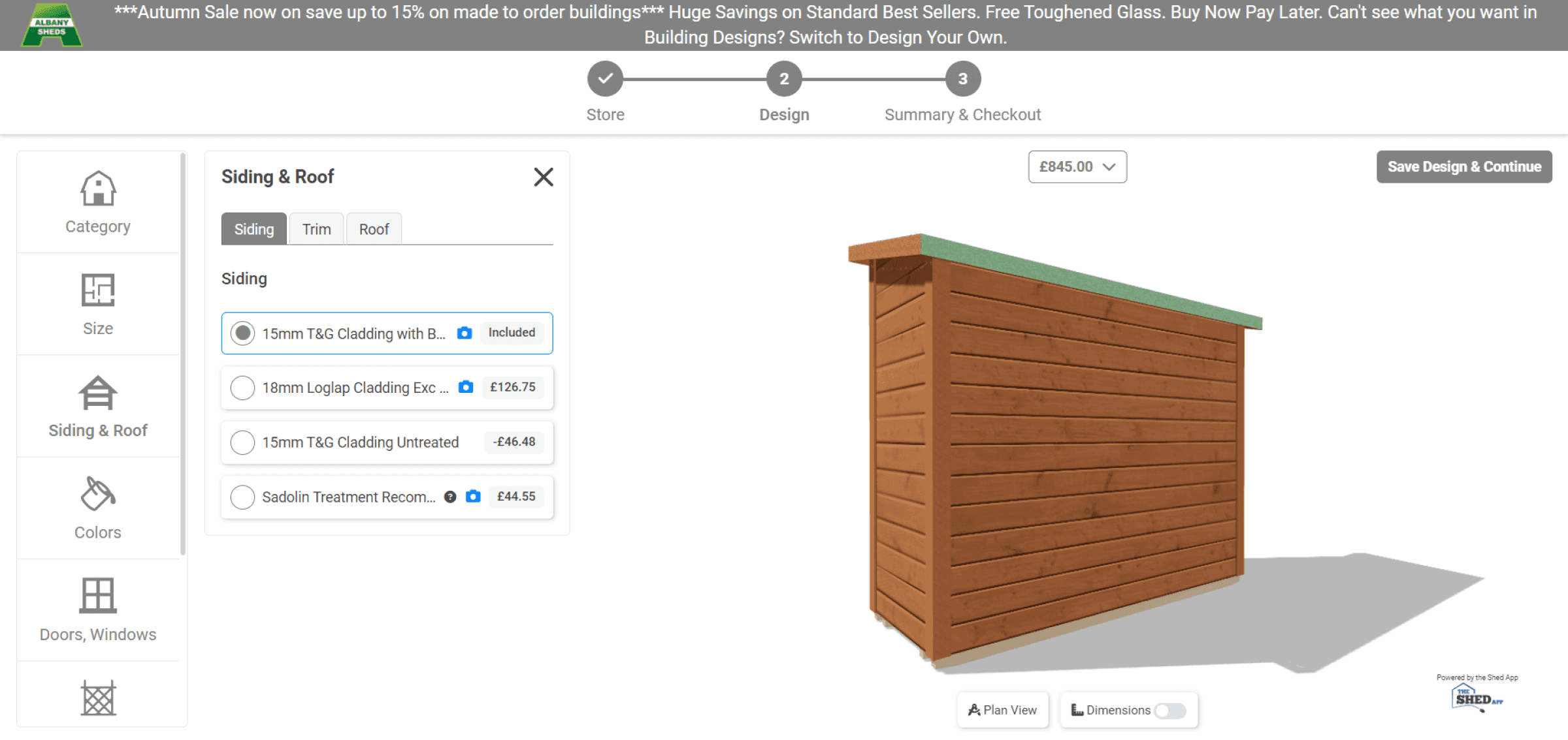 The Shed App configurator showing shed design with cladding options and drag-and-drop add-ons for customization.