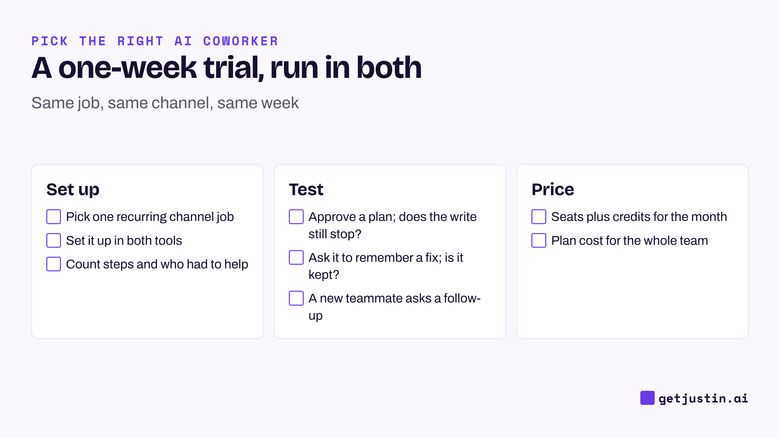 Checklist for a one-week trial: one job in both tools, then compare setup, approvals, handoffs and monthly cost.