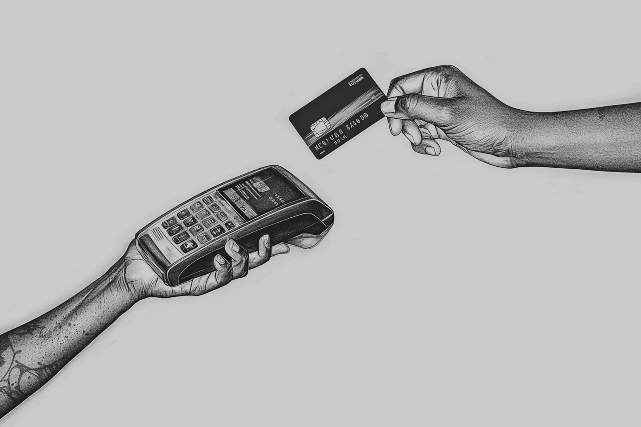 Pencil sketch of someone about to tap a credit card on a handheld terminal